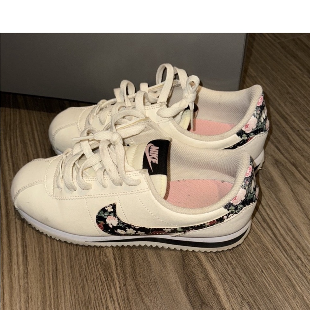 Nike Cortez with floral swoosh, Size 5.5Y= 7 women
